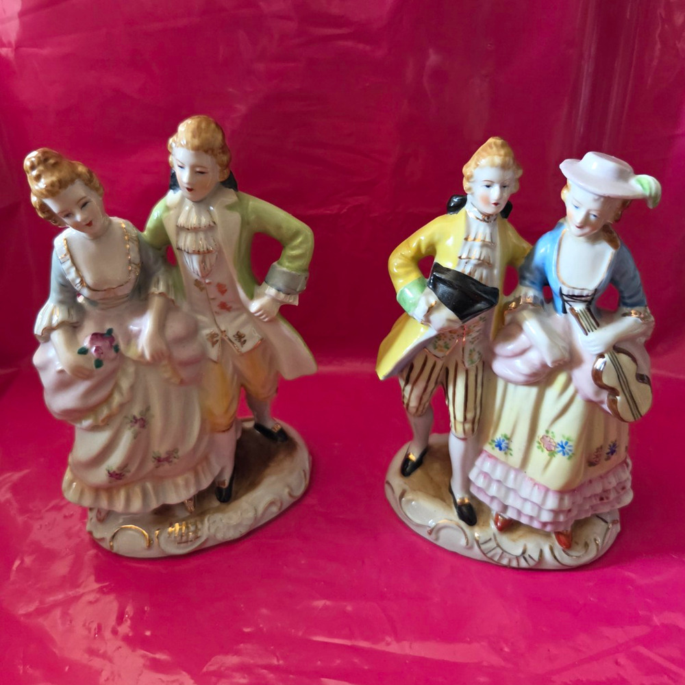 Maruyama Occupied Japan Hand Painted Porcelain Couple Figurines Set/ 2 7" Tall